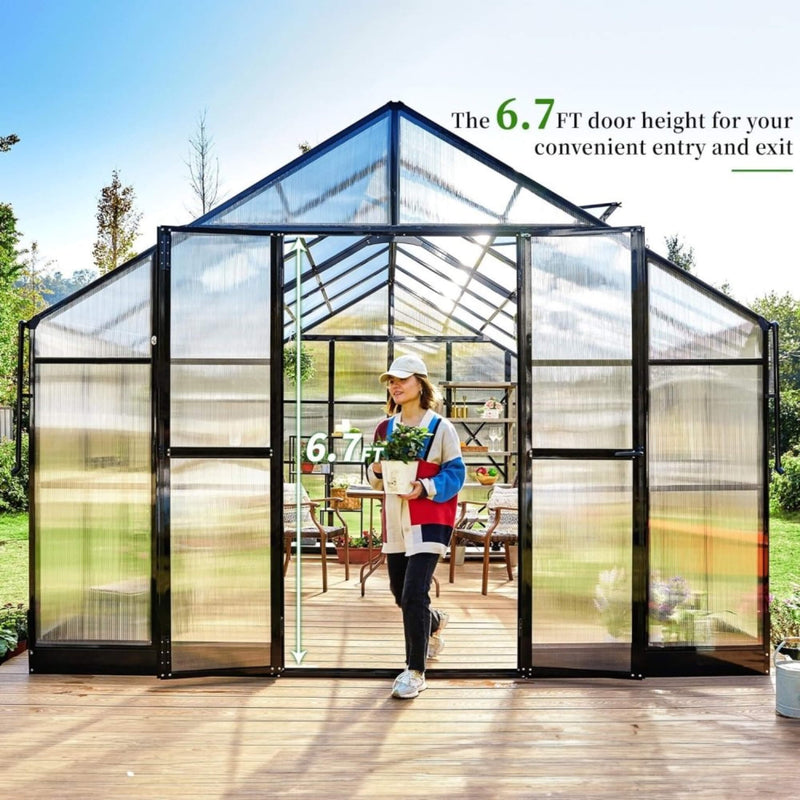[12x13.5FT] Premium Extra Large Outdoor Aluminum Poylcarbonate Greenhouse With Quick Connect Fitting Sak63725 Saksby - Door Height