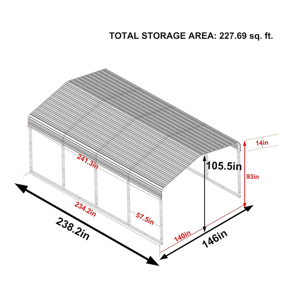 [12X20FT] Premium Heavy-Duty Outdoor Canopy Garage Shelter With Galvanized Metal Roof (SAK91523) - Saksby Wholesale - Dimensions View