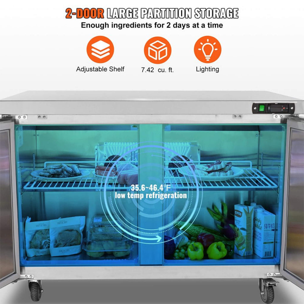 12.9 Cu.Ft 2 Door Commercial Stainless Steel Worktop Undercounter Refrigerator, 48" (SAK13725) - Saksby Wholesale - Storage View