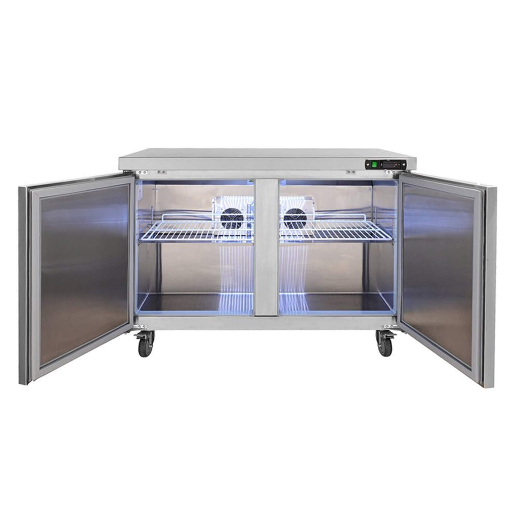 12.9 Cu.Ft 2 Door Commercial Stainless Steel Worktop Undercounter Refrigerator, 48" (SAK13725) - Saksby Wholesale - Open Doors View