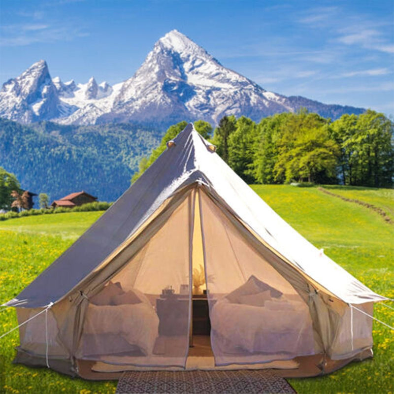 13FT Outdoor Glamping Yurt Teepee Canvas Camping Bell Family Waterproof Tent W/ Stove Jack - SAKSBY.com -Front View