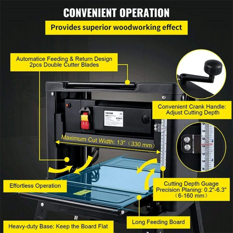 15AMP Heavy Duty Electric Thickness Planer Benchtop W/ Stand, 13" (SAK22701) - Saksby Wholesale -  Convenient Operation Details
