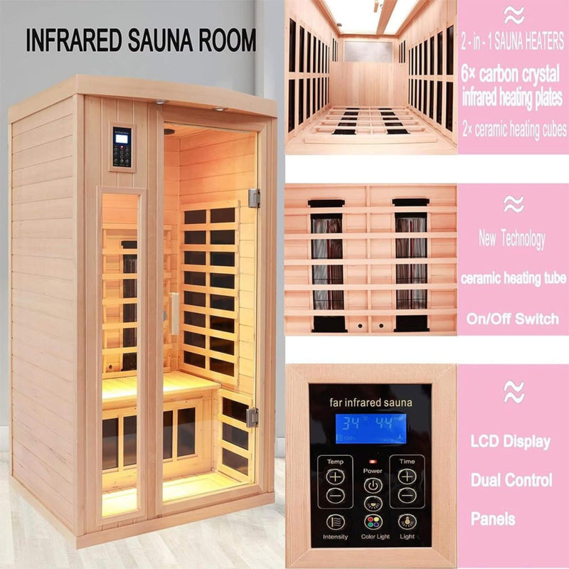 2-Person Low EMF FAR-Infrared Heat Wood Home Personal Spa Sauna With Ceramic Heaters, 1760W (SAK25714) - Saksby Wholesale - Feature Details