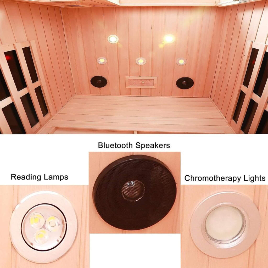 2-Person Low EMF FAR-Infrared Heat Wood Home Personal Spa Sauna With Ceramic Heaters, 1760W (SAK25714) - Saksby Wholesale - Product Features