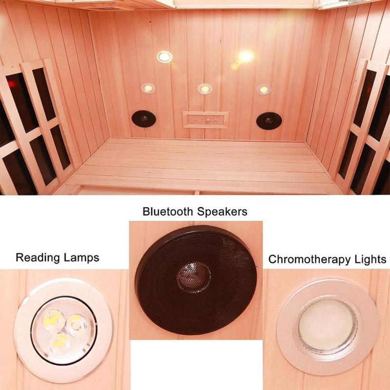 2-Person Low EMF FAR-Infrared Heat Wood Home Personal Spa Sauna With Ceramic Heaters, 1760W (SAK25714) - Saksby Wholesale - Product Features