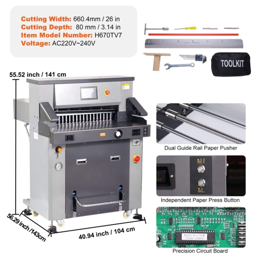 26-Inch Electric Heavy-Duty Hydraulic Paper Cutter Machine With Touchscreen (SAK92518) - Saksby Wholesale - Specifications