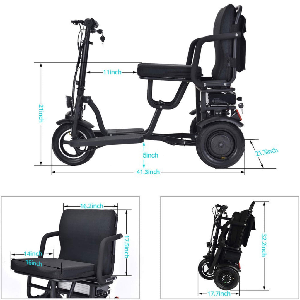 EZG 3-Wheel Electric Heavy Duty Lightweight Powered Mobility Scooter For Adults, 280LBS (SAK47361) - Saksby Wholesale - Dimensions View