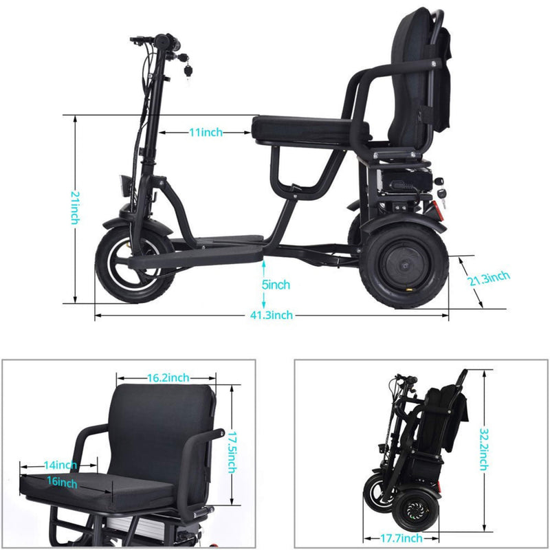 EZG 3-Wheel Electric Heavy Duty Lightweight Powered Mobility Scooter For Adults, 280LBS (SAK47361) - Saksby Wholesale - Dimensions View