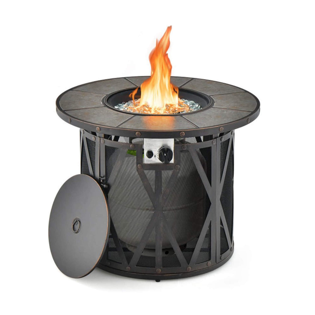 30K BTU Premium Outdoor Patio Gas Fire Pit Table With Fire Glass And Cover, 32" (SAK17432) - Saskby Wholesale - Front View