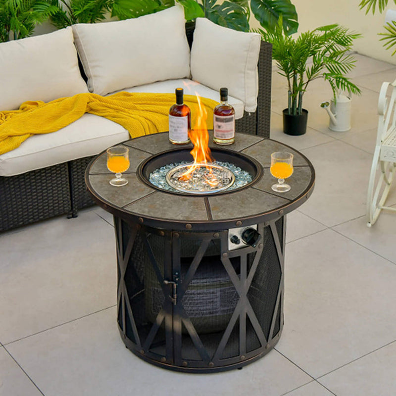30K BTU Premium Outdoor Patio Gas Fire Pit Table With Fire Glass And Cover, 32" (SAK17432) - Saskby Wholesale - With Fire View
