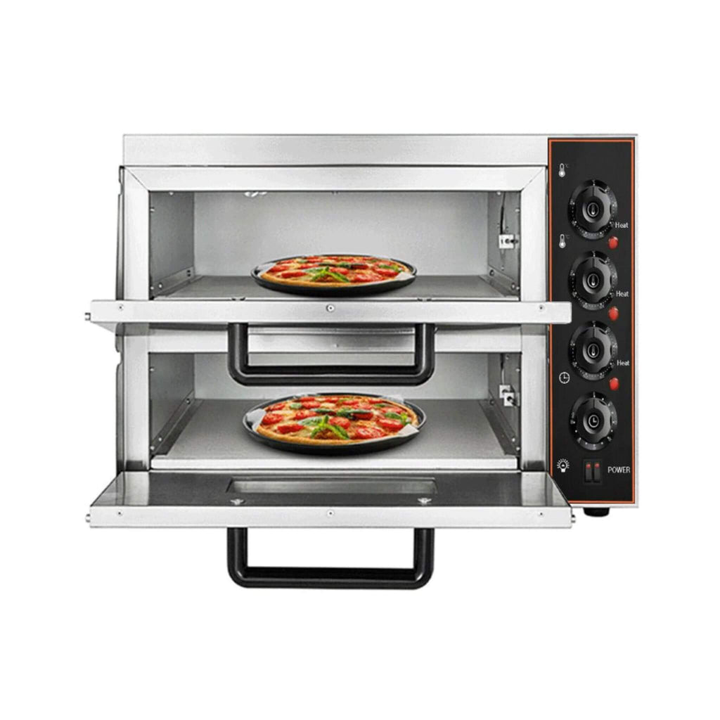3KW Premium Electric Commercial Stainless Steel Double Deck Pizza Oven (SAK81427) - Saksby Wholesale - Front View With Pizza