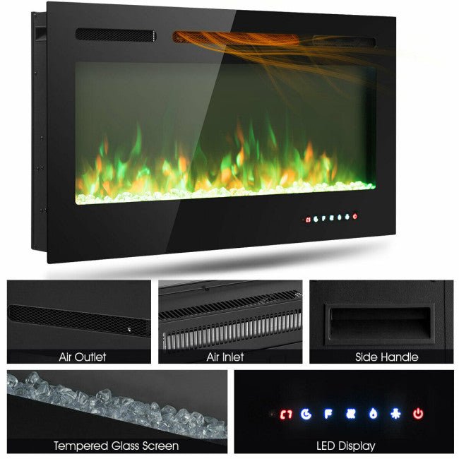 40" Small Electric Modern Fireplace Recessed Wall Mounted Heater W/ Multicolor Flame - Side View