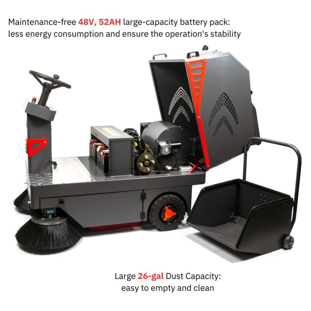 49-Inch Heavy-Duty 1400W Electric Industrial Ride-On Floor Sweeper With Dustbin (SAK18436) - Saksby Wholesale - Battery And Dust Bin