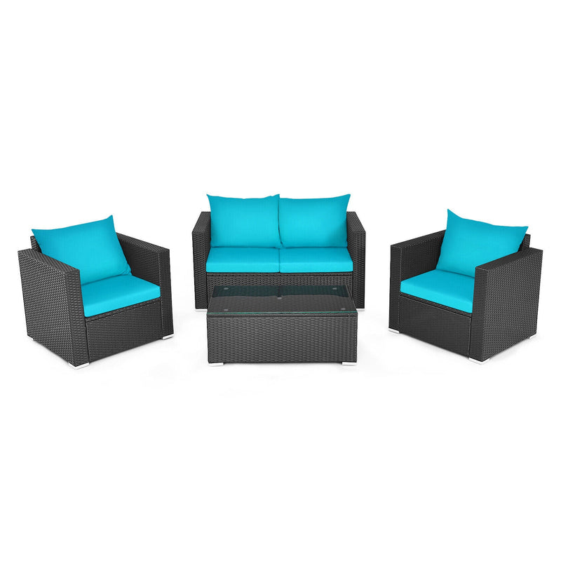 4PC Outdoor Rattan Wicker Patio Furniture Set With Turquoise Cushions (97145368) - SAKSBY.com - Front View