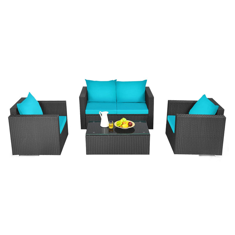 4PC Outdoor Rattan Wicker Patio Furniture Set With Turquoise Cushions (97145368) - Demonstration View