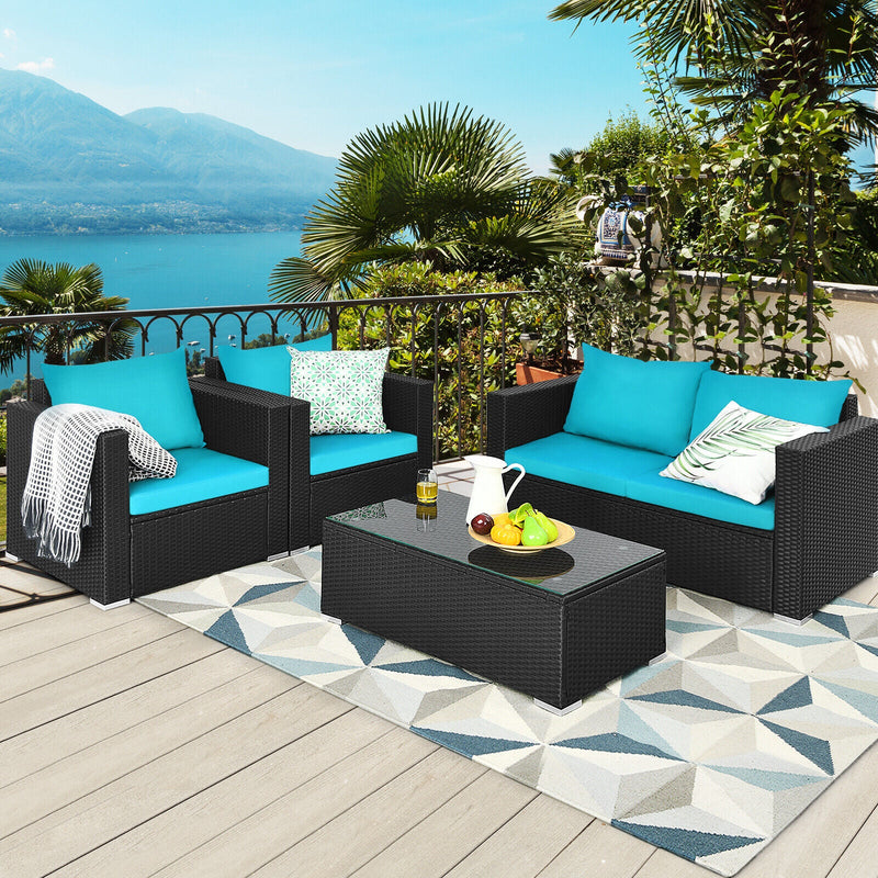 4PC Outdoor Rattan Wicker Patio Furniture Set With Turquoise Cushions (97145368) - Demonstration View