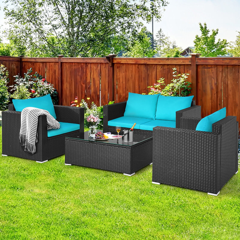 4PC Outdoor Rattan Wicker Patio Furniture Set With Turquoise Cushions (97145368) - Demonstration View