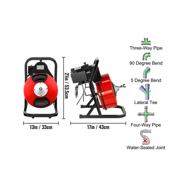 [50FT x 1/2"] Electric Drain Sewer Cleaning Snake Clog Auger Machine (SAK02907) - Saksby Wholesale - DImensions