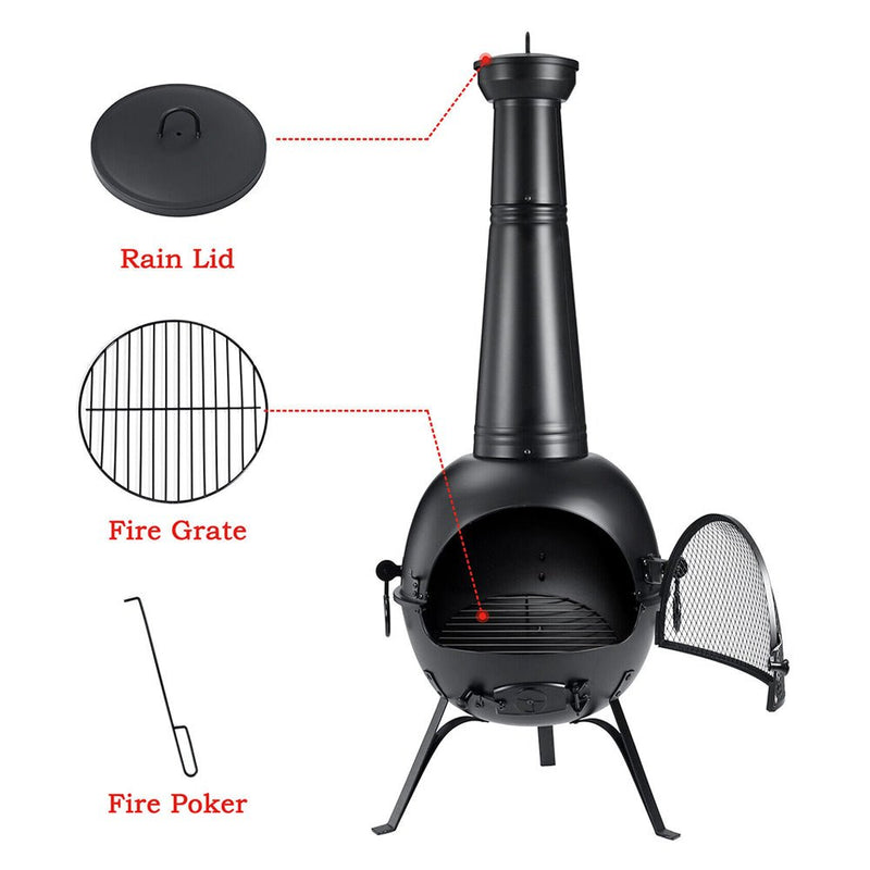 55" Outdoor Wood Burning Cast Iron Patio Fire Pit Chiminea With Cover, Black (94713625) - Zoom Parts View
