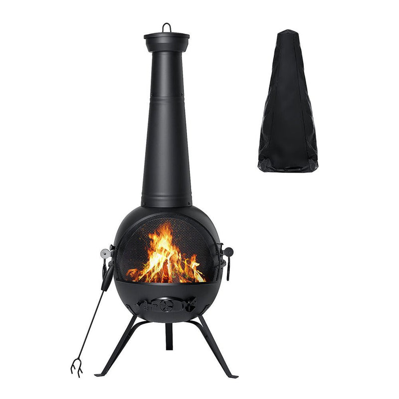 55" Outdoor Wood Burning Cast Iron Patio Fire Pit Chiminea With Cover, Black (94713625) - SAKSBY.com - Front View