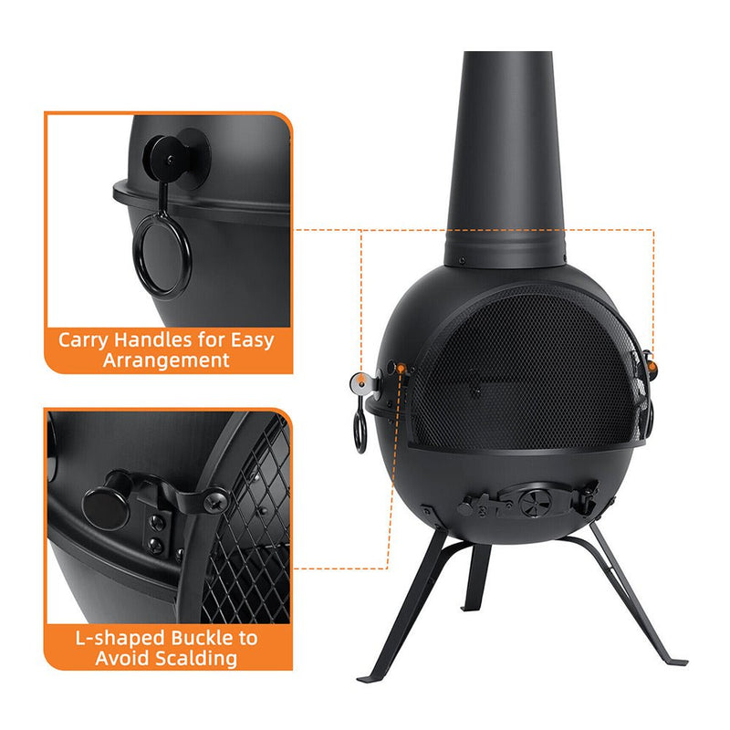 55" Outdoor Wood Burning Cast Iron Patio Fire Pit Chiminea With Cover, Black (94713625) -Zoom Parts View