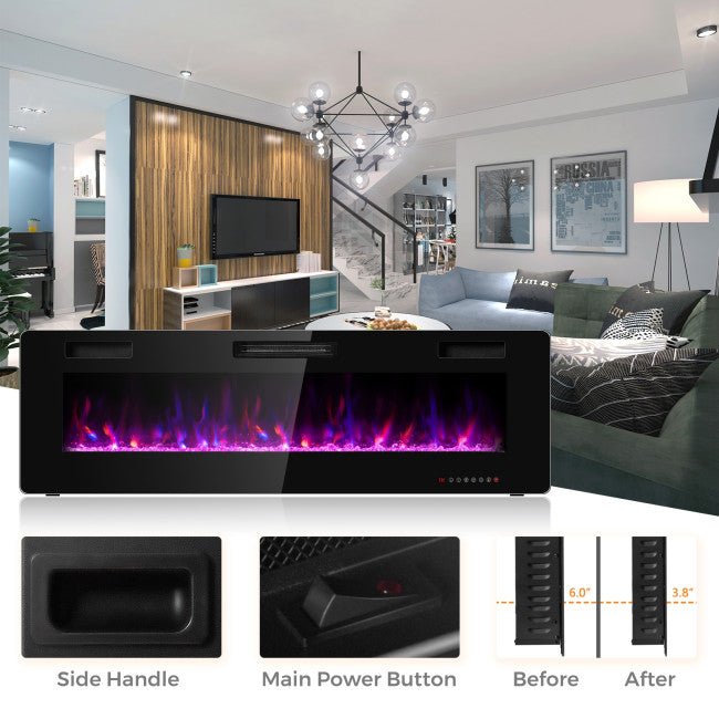 60" Long Hanging Ultra Slim Modern Recessed Wall Mounted Electric Fireplace Heater (98504617) - SAKSBY.com Demonstration View