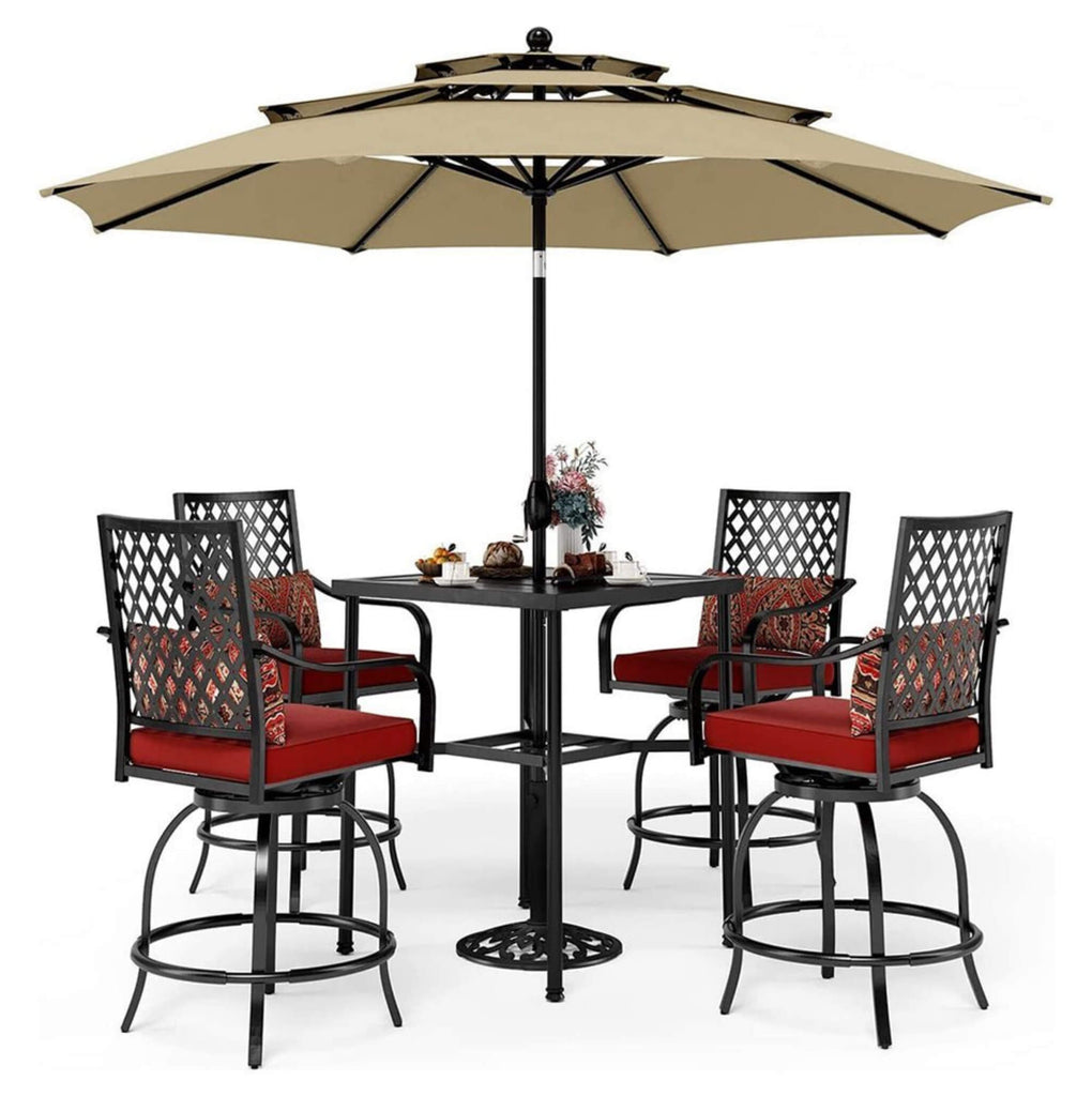 6 PCS Outdoor Patio Bar Set Dining Table With Umbrella & Swivel Bar Stools (SAK53218) - Saksby Wholesale - Beige Umbrella View