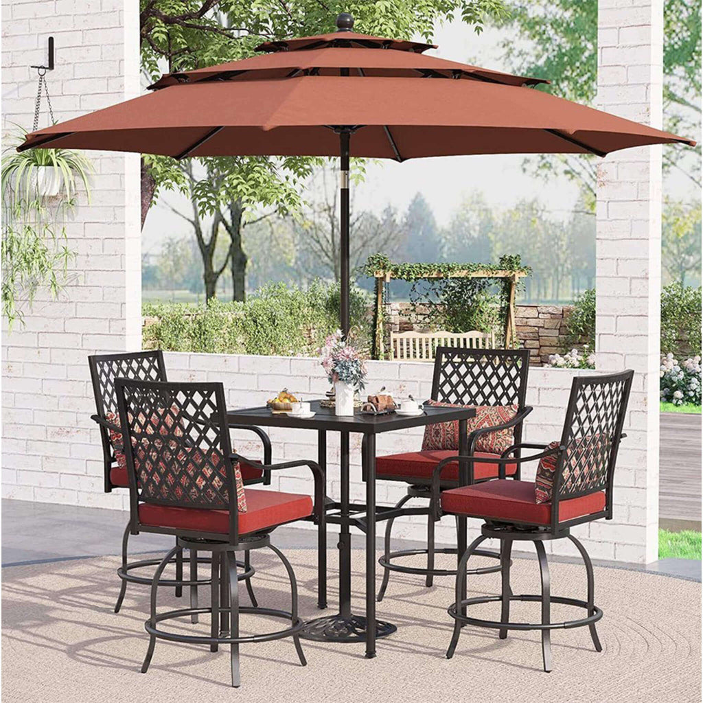 6PCS Outdoor Patio Bar Set Dining Table With Umbrella & Swivel Bar Stools (SAK53218) - Saksby Wholesale - Full Lifestyle Brown View