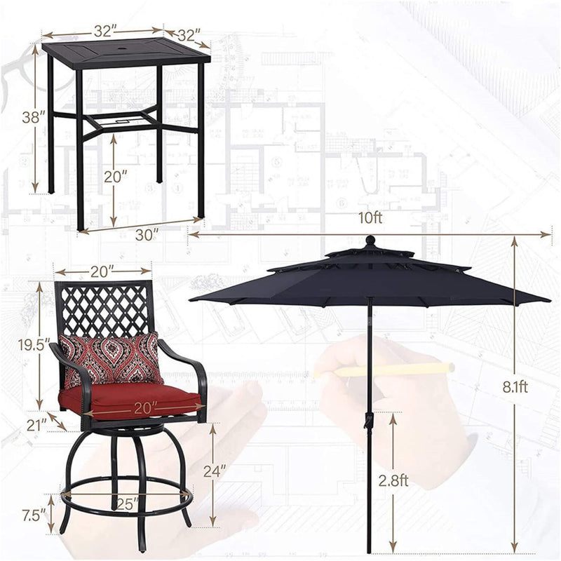 6 PCS Outdoor Patio Bar Set Dining Table With Umbrella & Swivel Bar Stools (SAK53218) - Saksby Wholesale - Dimension Features View