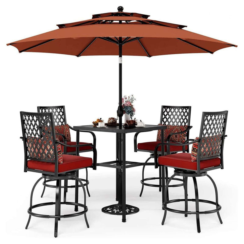 6 PCS Outdoor Patio Bar Set Dining Table With Umbrella & Swivel Bar Stools (SAK53218) - Saksby Wholesale - Red Umbrella View