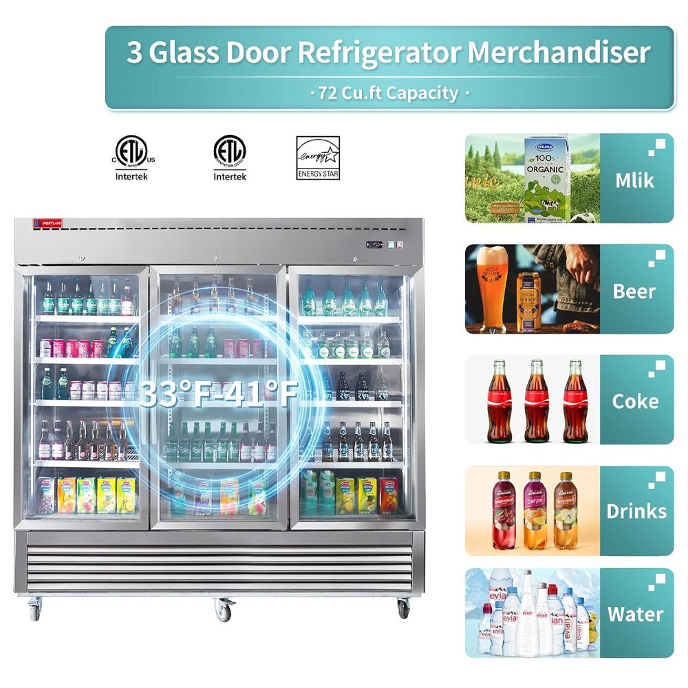 82" Commercial Stainless Steel Upright Display 3 Section Merchandiser Refrigerator (93815724) - SAKSBY.com - Refrigerators - SAKSBY.com