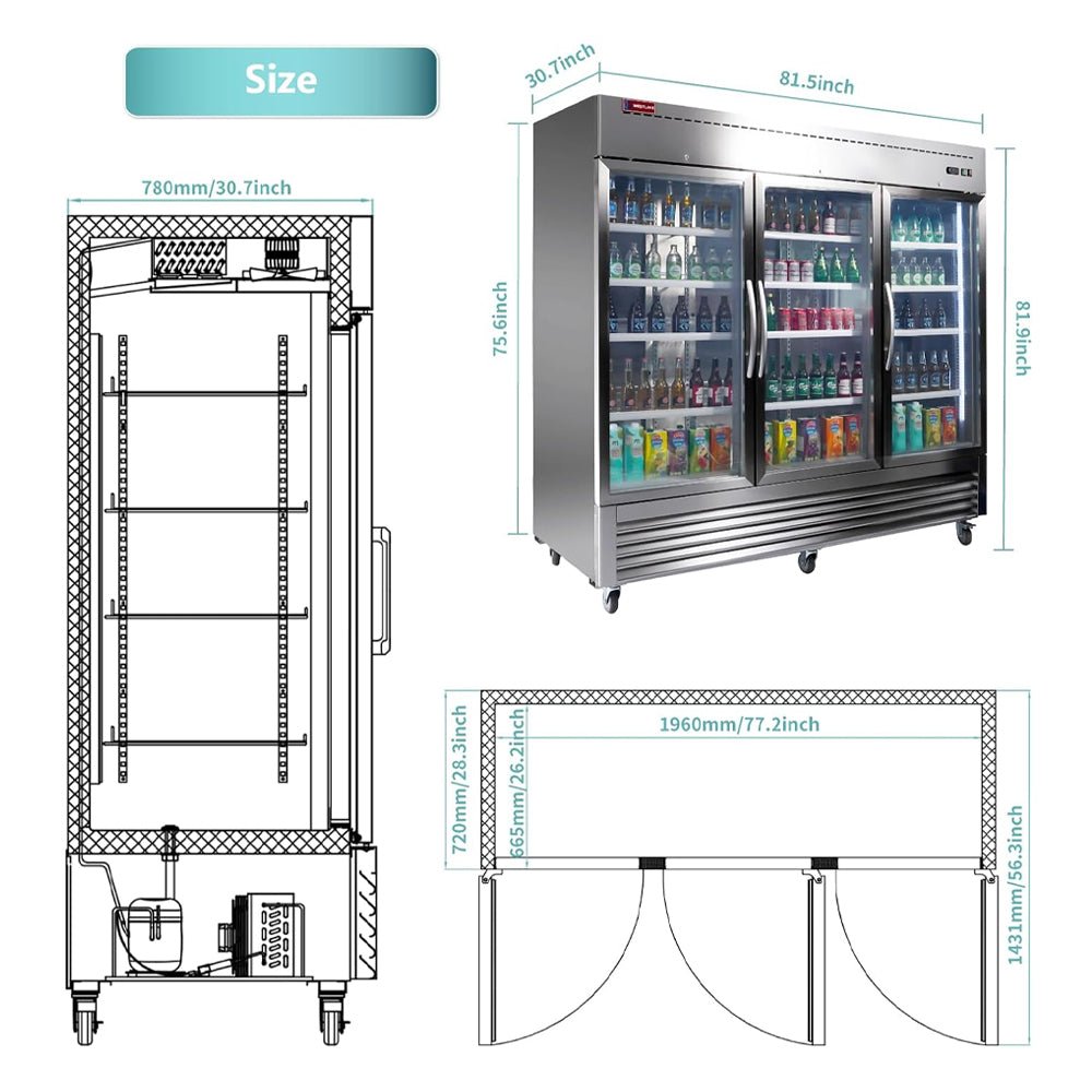 82" Commercial Stainless Steel Upright Display 3 Section Merchandiser Refrigerator (93815724) - SAKSBY.com - Refrigerators - SAKSBY.com