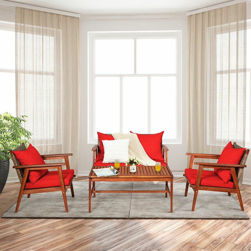 8PC Patio Rattan Furniture Set With Acacia Wood Frame & Cushioned Sofa Chairs (97415280) - Demonstration View