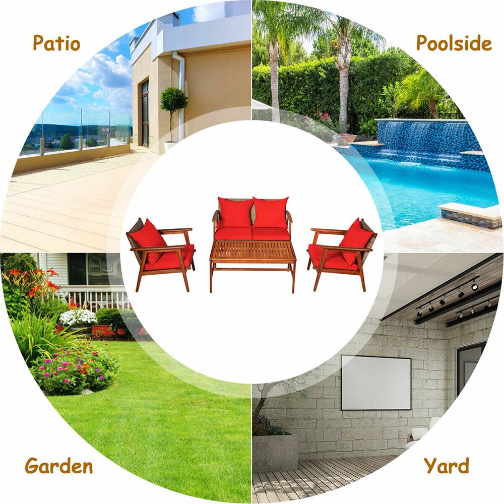 8PC Patio Rattan Furniture Set With Acacia Wood Frame & Cushioned Sofa Chairs (97415280) - Comparison View