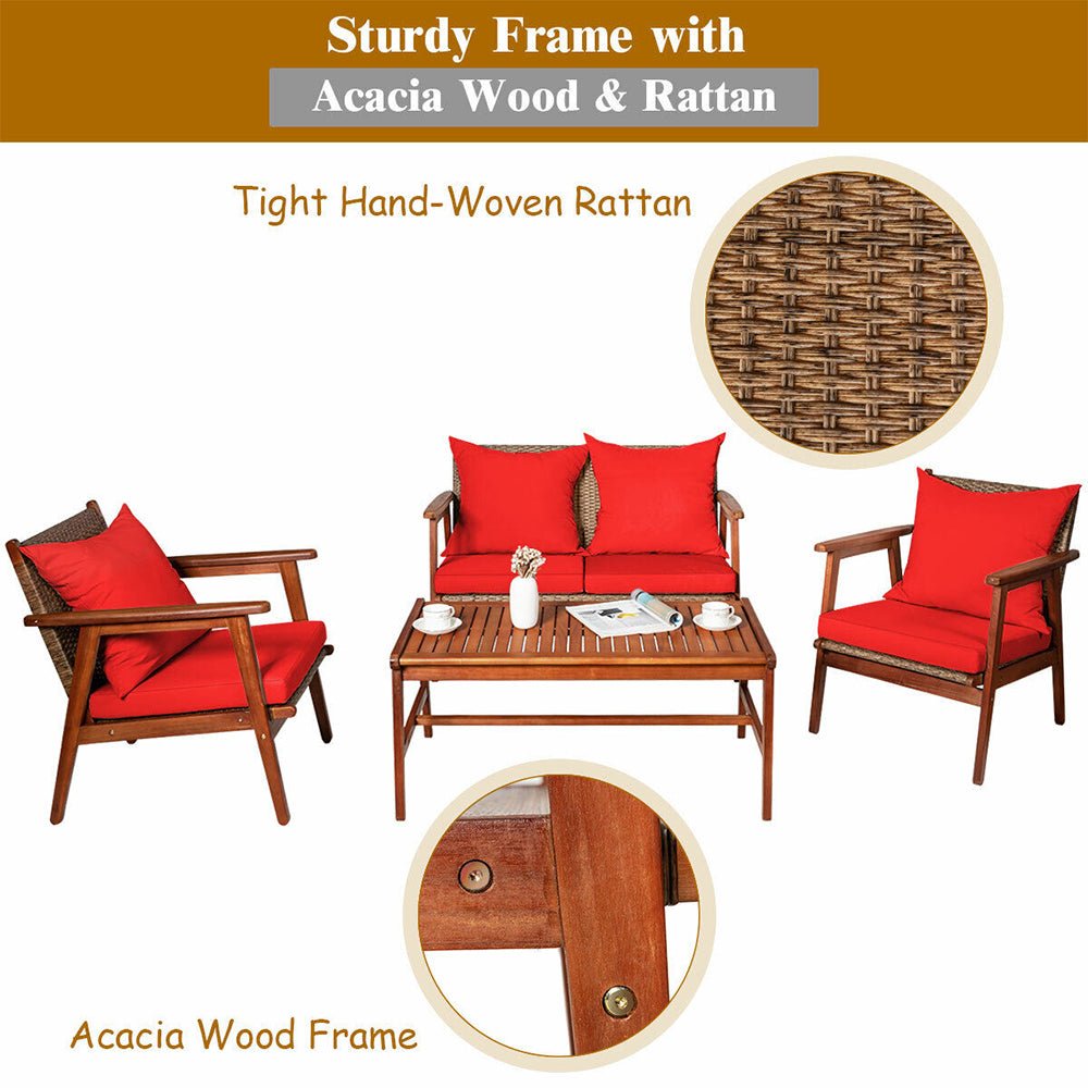 8PC Patio Rattan Furniture Set With Acacia Wood Frame & Cushioned Sofa Chairs (97415280) - Zoom Parts View