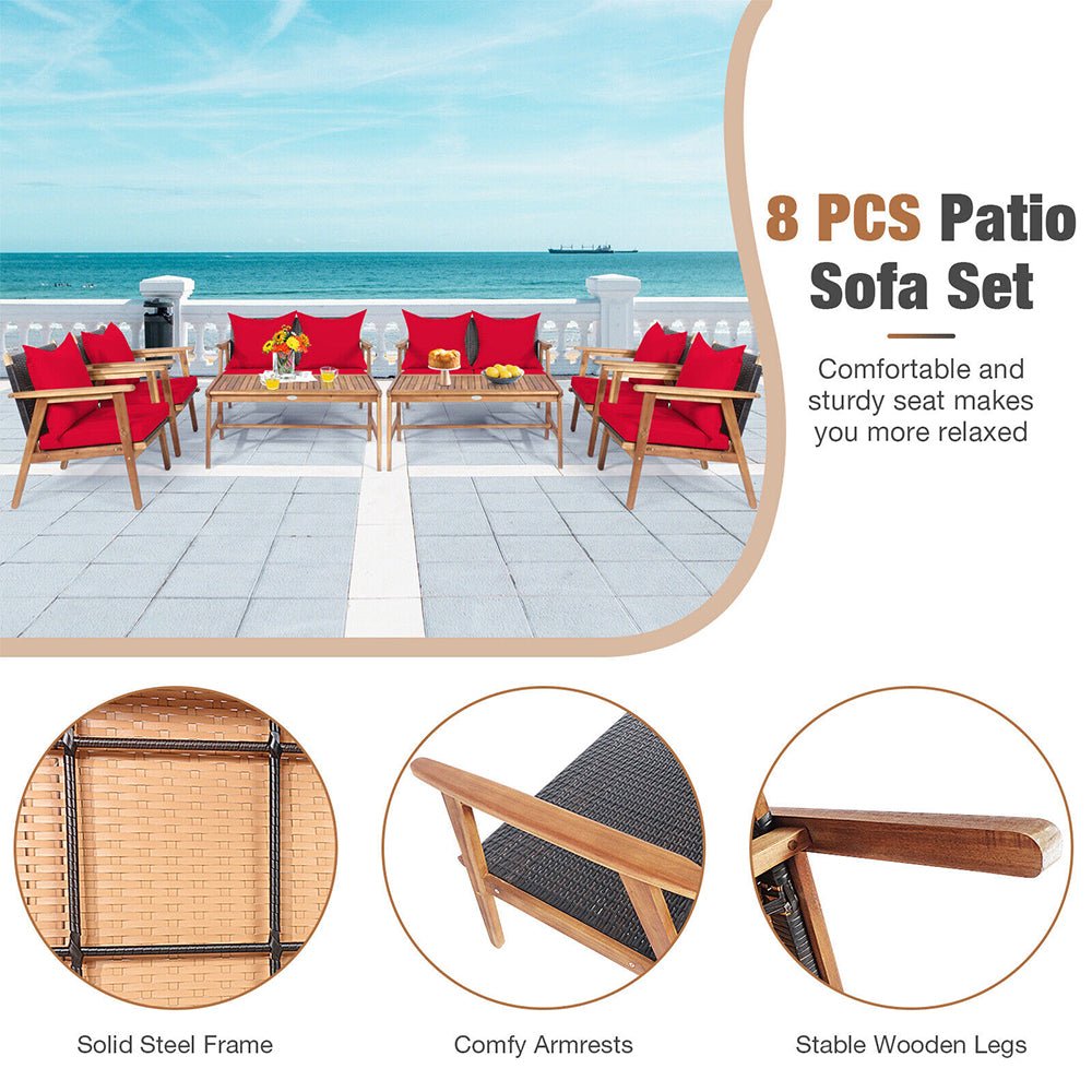 8PC Patio Rattan Furniture Set With Acacia Wood Frame & Cushioned Sofa Chairs (97415280) - Zoom Parts View