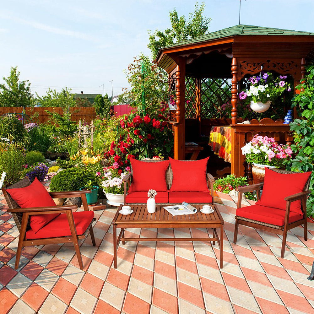 8PC Patio Rattan Furniture Set With Acacia Wood Frame & Cushioned Sofa Chairs (97415280) - Demonstration View