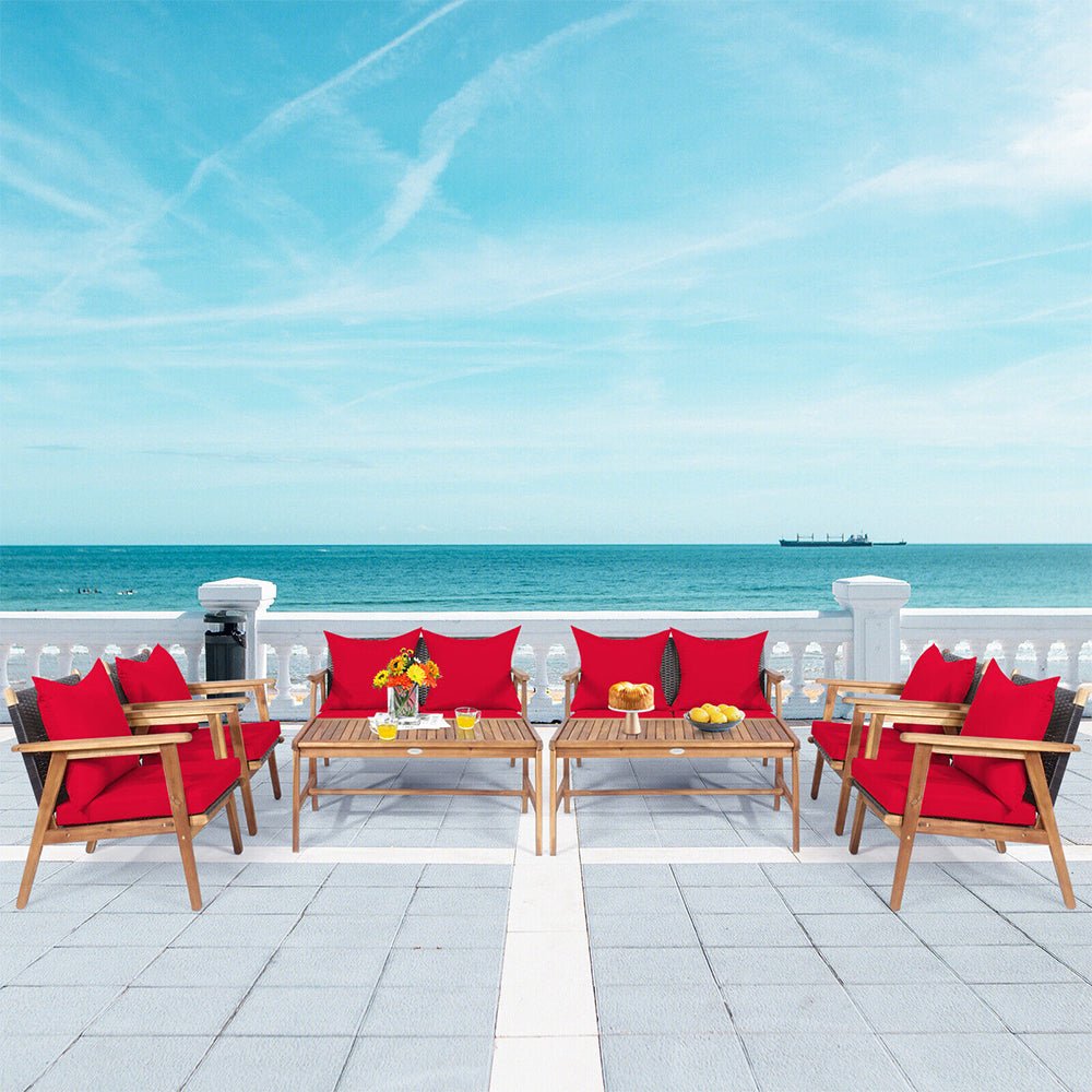 8PC Patio Rattan Furniture Set With Acacia Wood Frame & Cushioned Sofa Chairs (97415280) - Demonstration View