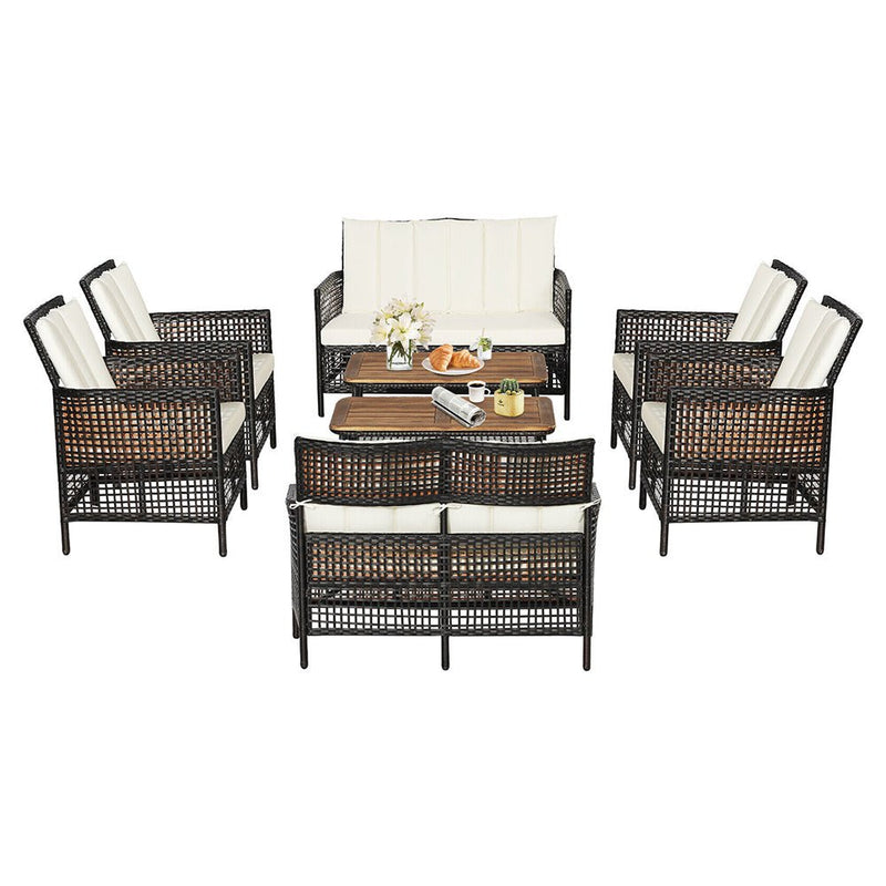 8PCS Outdoor Patio Rattan Furniture Set W/ Cushioned Chairs & Wooden Table Top (91730284) - Front View