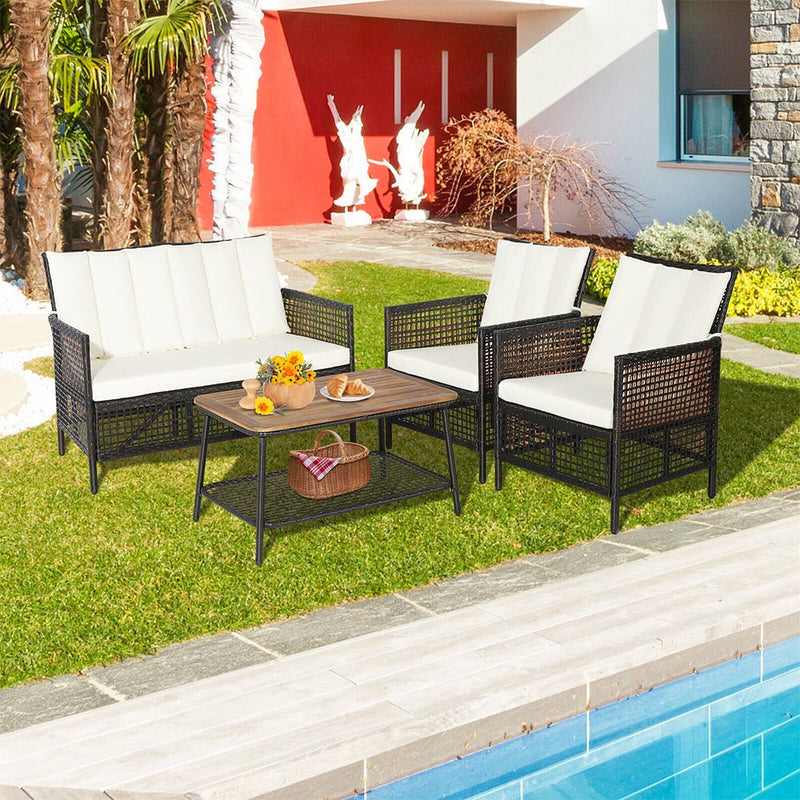 8PCS Outdoor Patio Rattan Furniture Set W/ Cushioned Chairs & Wooden Table Top (91730284) - Demonstration View