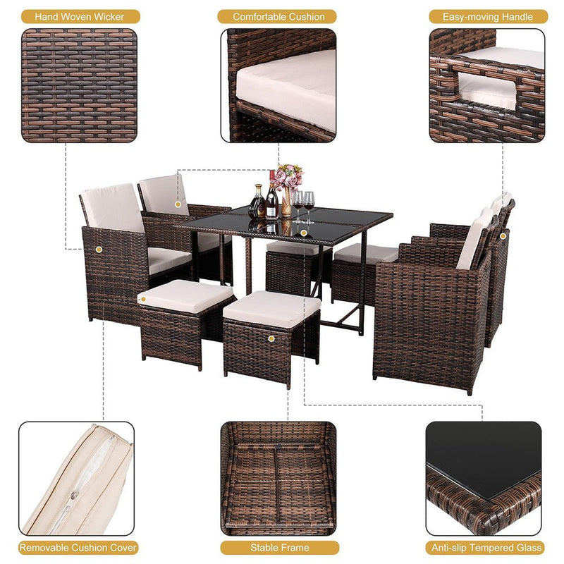 9PCS Outdoor Patio Sectional Wicker Rattan Furniture Set W/ Tempered Glass Table (98457316) - Zoom Parts View