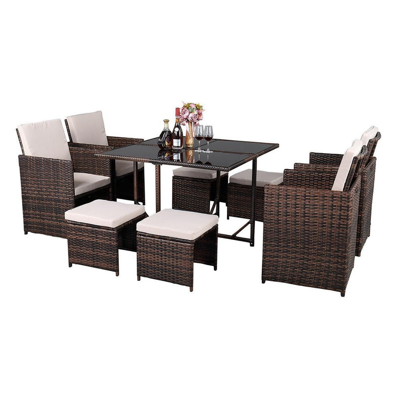 9PCS Outdoor Patio Sectional Wicker Rattan Furniture Set W/ Tempered Glass Table (98457316) - Side View