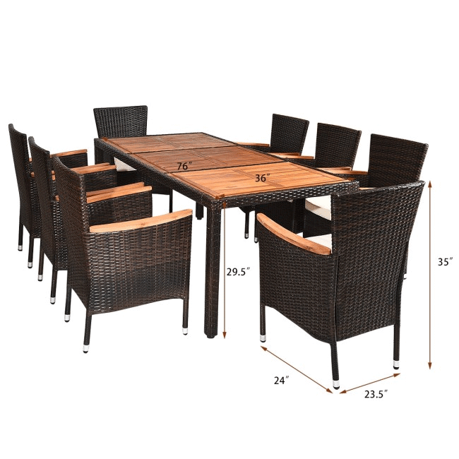 9PCS Patio Rattan Dining Set W/ Stackable Cushioned Chairs & Acacia Wood Table Top - Side View