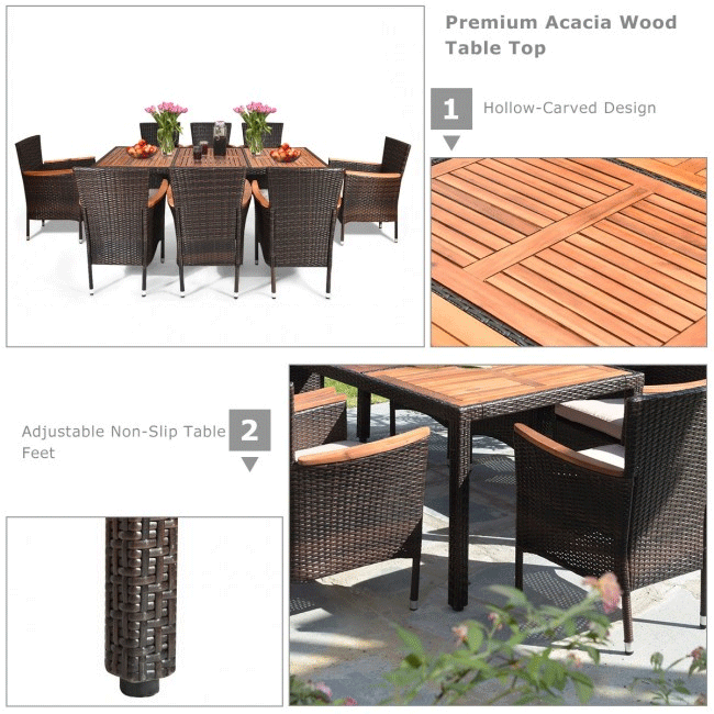 9PCS Patio Rattan Dining Set W/ Stackable Cushioned Chairs & Acacia Wood Table Top - Detailed View of Chair Leg