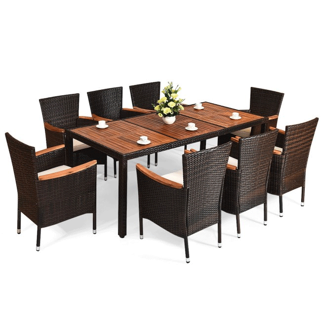 9PCS Patio Rattan Dining Set W/ Stackable Cushioned Chairs & Acacia Wood Table Top - Isometric view