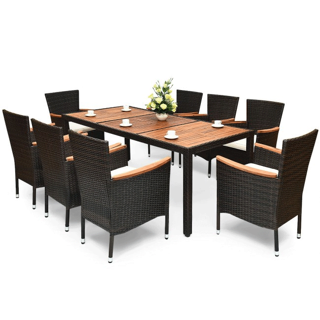 9PCS Patio Rattan Dining Set W/ Stackable Cushioned Chairs & Acacia Wood Table Top -Isometric view