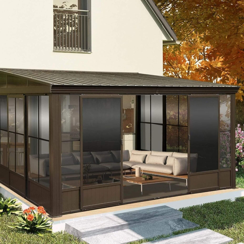 Alora Atrium Premium Against Wall Mounted Solarium Sunroom With Galvanized Steel Sloping Roof (SAK96375) - Saksby Wholesale - Lifestyle Image In Front Door
