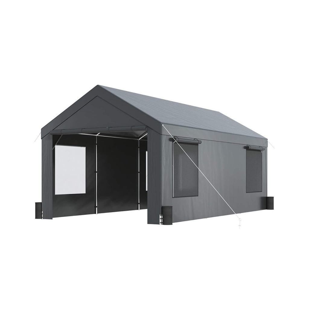 [12X20FT] Alora Heavy-Duty Outdoor Premium Garage Tarp Canopy Shelter W/ Removable Sidewalls (SAK94615) - Saksby Wholesale - Front Left View