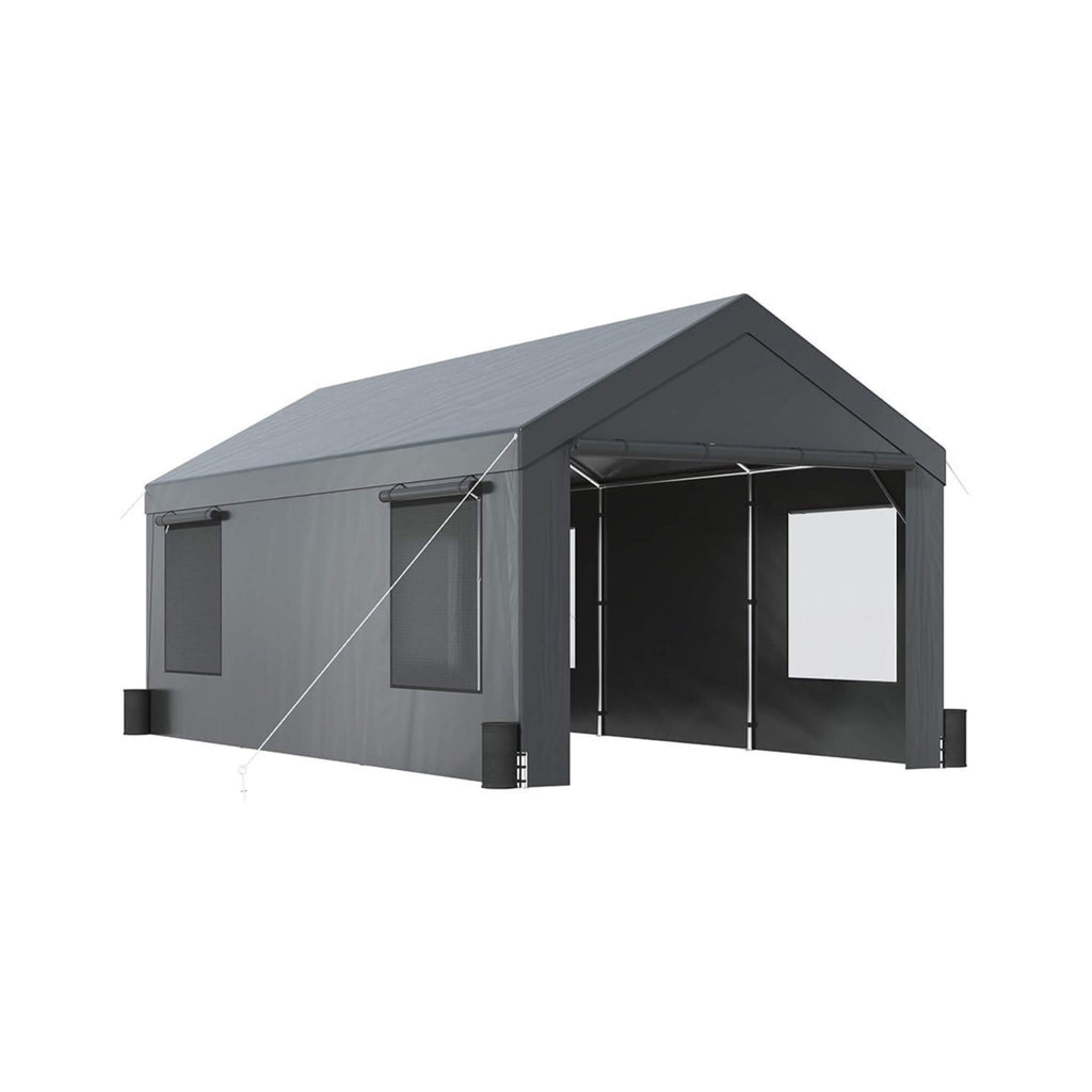 [12X20FT] Alora Heavy-Duty Outdoor Premium Garage Tarp Canopy Shelter W/ Removable Sidewalls (SAK94615) - Saksby Wholesale - Open Curtains View