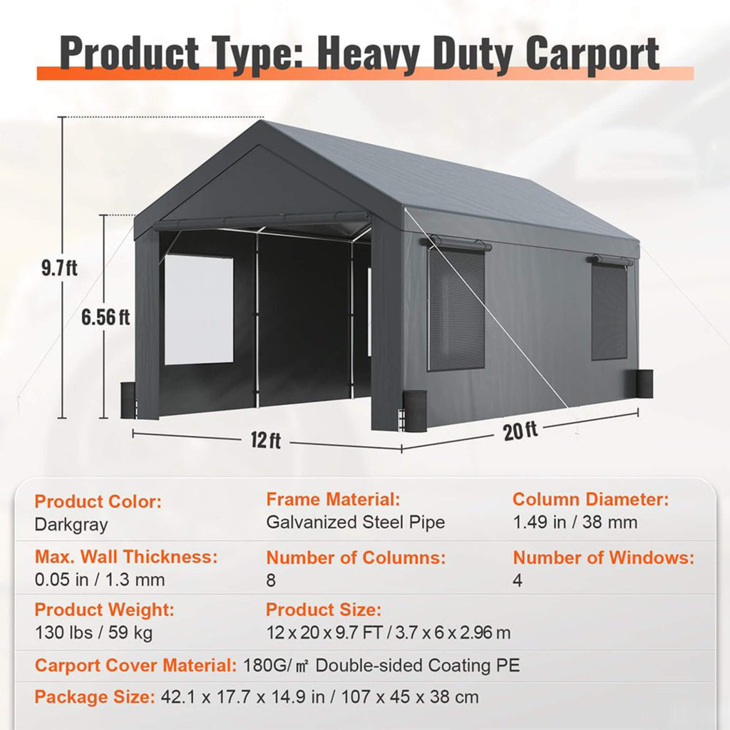 [12X20FT] Alora Heavy-Duty Outdoor Premium Garage Tarp Canopy Shelter W/ Removable Sidewalls (SAK94615) - Saksby Wholesale - Specifications View